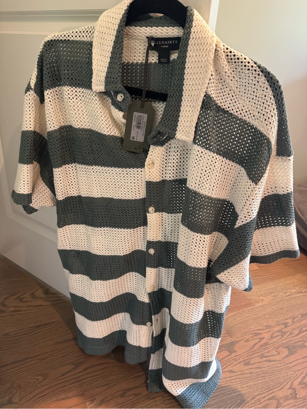 AllSaints Short-Sleeve Striped Knit Polo in Cream and Gray-Green
